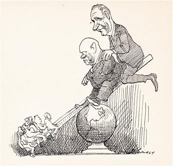 DAVID LEVINE (1926-2009) Group of 7 cartoons featuring political figures of the 1960s, primarily Mao Zedong, Charles DeGaulle, Lyndon B